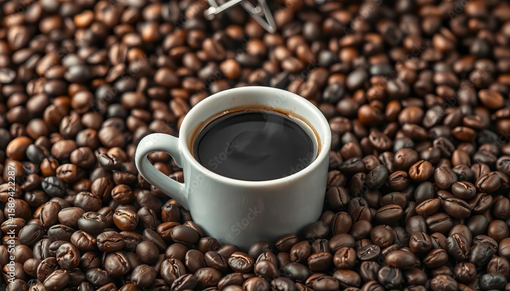 Fototapeta premium Steaming cup of black coffee nestled amongst roasted beans, brown, steam