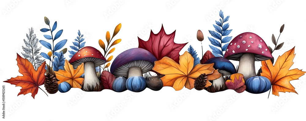 Fototapeta premium Autumnal Border Illustration with Red Maple Leaves and Colorful Mushrooms on Transparent