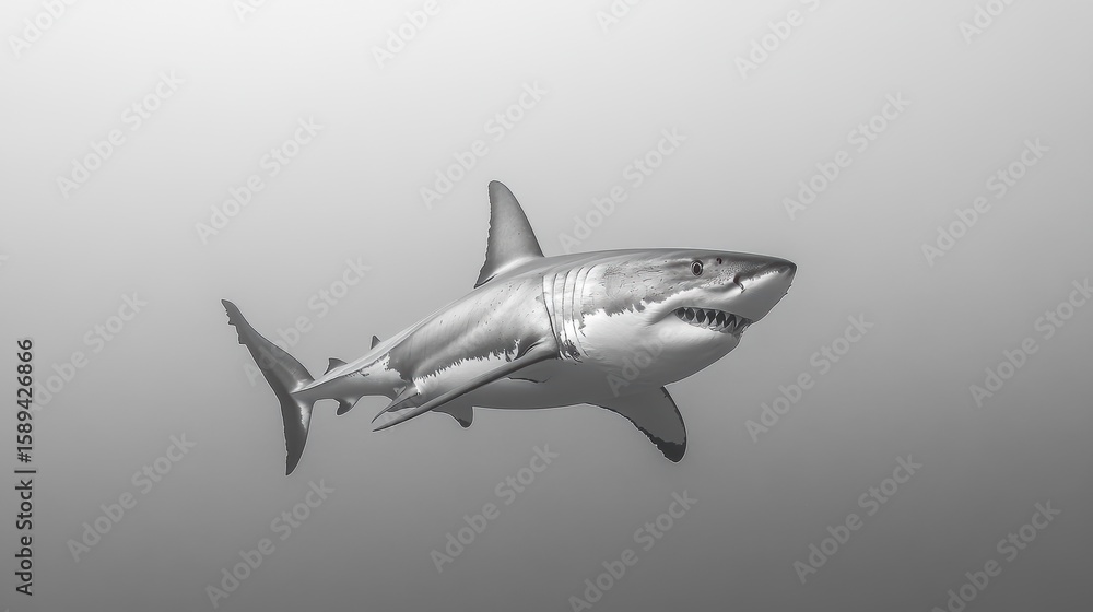 Fototapeta premium Monochrome underwater photo of a great white shark swimming.