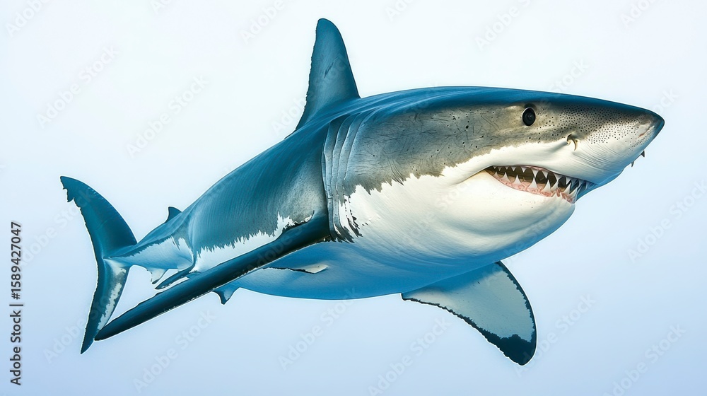 Fototapeta premium Great white shark underwater, close-up view, showing sharp teeth and powerful body.