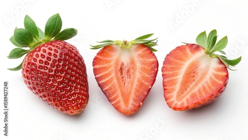 Three Strawberries Whole and Halved, Close-up Composition, Red Fruit, White Background, Food Photography Strawberry, Food photography, Fruit