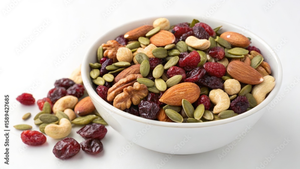 Trail Mix in White Bowl Almonds, Cashews, Pumpkin Seeds, Cranberries, Composition Photography, Healthy Snack Trail Mix, Healthy Snacking Trail Mix in White Bowl Almonds, Cashews, Pumpkin Seeds, Cranberries, Composition Photography, Healthy Snack Trail Mix, Healthy Snacking