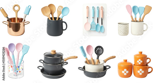 Photo of a pastelcolored collection of kitchenware and utensils isolated on transparent background, ideal for cooking enthusiasts