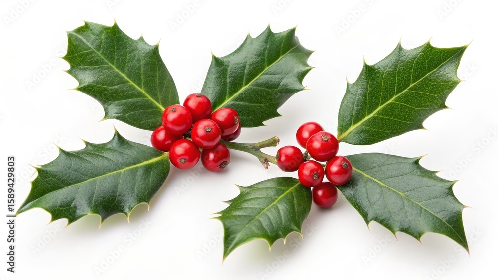 Obraz premium Two Holly Sprigs with Red Berries Close-up, Christmas Decoration, Festive, White Background, Ilex Aquifolium Christmas, Holly Berries