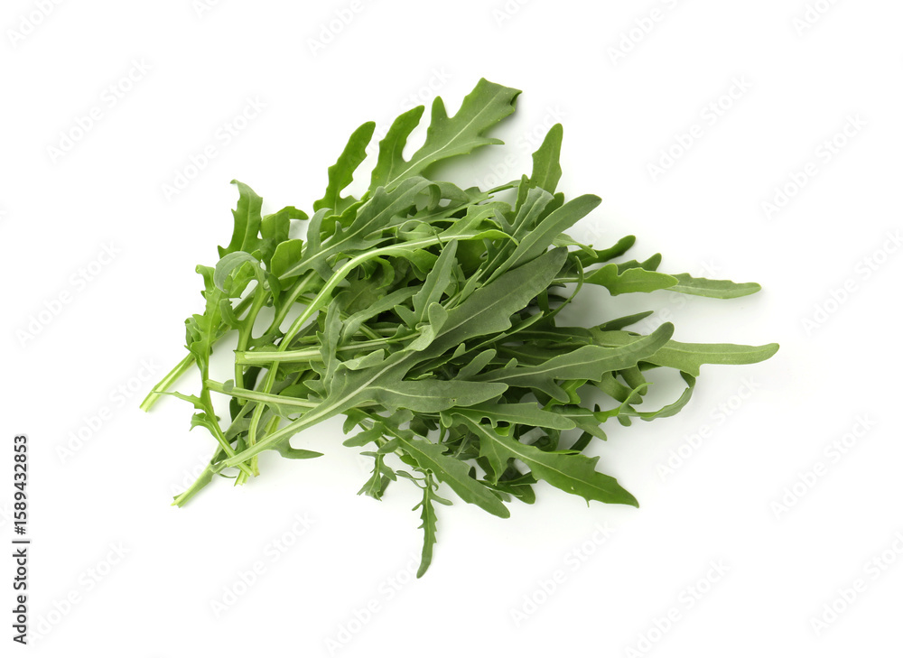 Fresh ripe green arugula leaves isolated on white, top view Fresh ripe green arugula leaves isolated on white, top view
