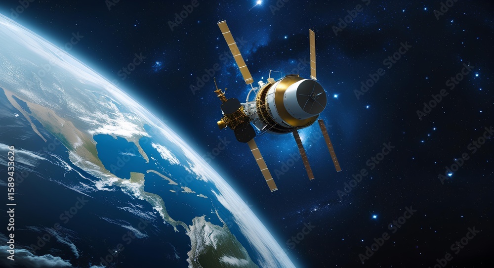 Naklejka premium A stunning view of Earth from space, with a satellite in the foreground orbiting the planet 