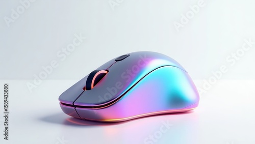 Modern iridescent computer mouse on a plain surface.