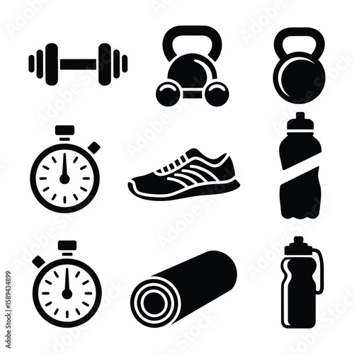 Fitness and Workout Gear Icons Set - Gym Equipment and Accessories

