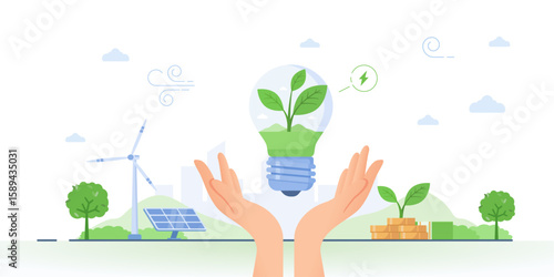 Vector illustration of hands holding a lightbulb with a growing plant, symbolizing green energy and sustainable investment, with wind turbines, solar panels, and money in the background