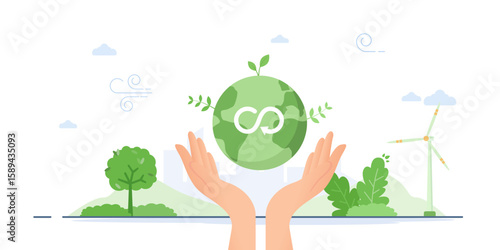  Vector illustration of hands holding the Earth with a circular economy symbol, surrounded by elements of nature and renewable energy, representing sustainability.