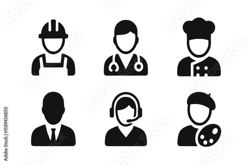 Vector silhouettes of different professions including doctor, chef, artist and worker
