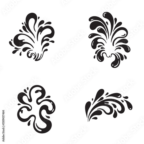Artistic hand drawn stylized ink splash shapes vector graphic elements for decorative design and illustration projects.