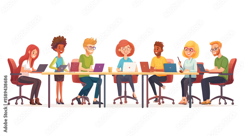 Diverse group of people seated around a table, working on laptops. They appear to be collaborating or in a meeting Diverse group of people seated around a table, working on laptops. They appear to be collaborating or in a meeting