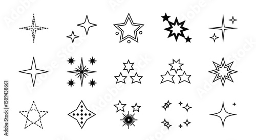 Set of star shape line icons on white background
