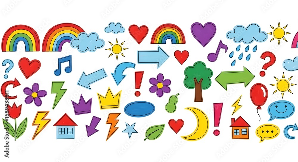 Naklejka premium Colorful cartoon icons and symbols on white background