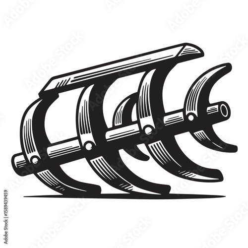 Black and white vector illustration of a farm disc harrow agricultural equipment with a modern design