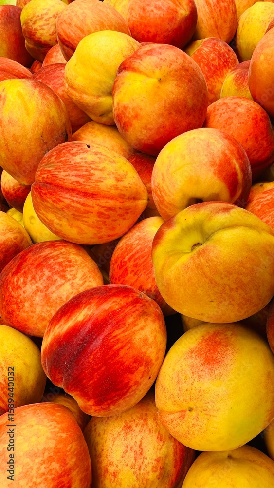 Fresh Ripe Peaches Close-Up with Vibrant Red and Yellow Skin Fresh Ripe Peaches Close-Up with Vibrant Red and Yellow Skin