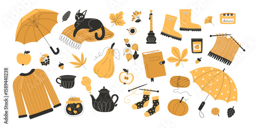 Large autumn fall flat style collection of seasonal elements including umbrella rubber boots sweater knitting cat hot drinks leaves nuts pumpkins and mushrooms