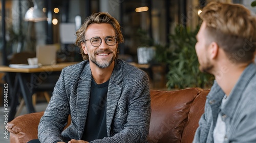 Two Men in a Modern Having a Discussion, Close Up