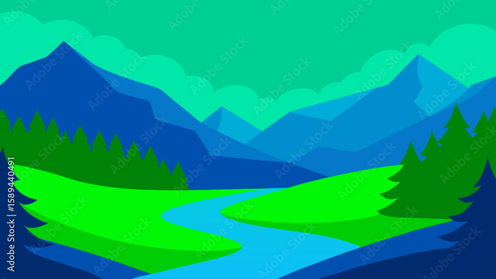 Fototapeta premium mountain landscape, river, tree in the mountains vector illustration