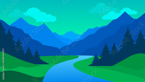 mountain landscape, river, tree in the mountains vector illustration