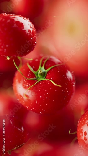 Animation of a group of tomato. Many tomatoes slowly rotate in the background in space. Vertical composition. Defocus. Close-up.