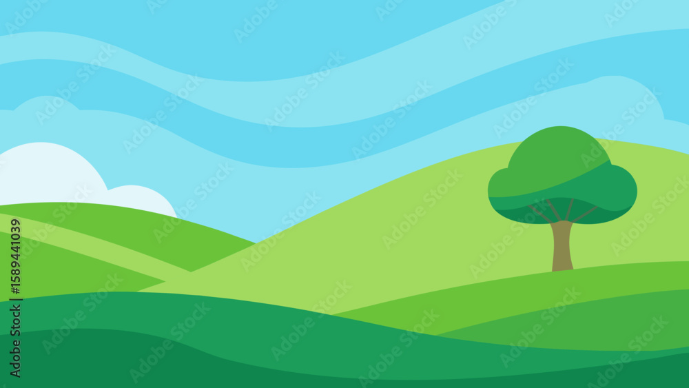 Fototapeta premium Gentle undulating green hills stretch towards a distant horizon under a bright blue sky