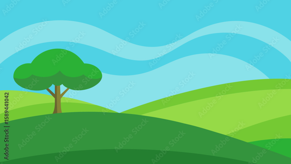 Fototapeta premium Gentle undulating green hills stretch towards a distant horizon under a bright blue sky
