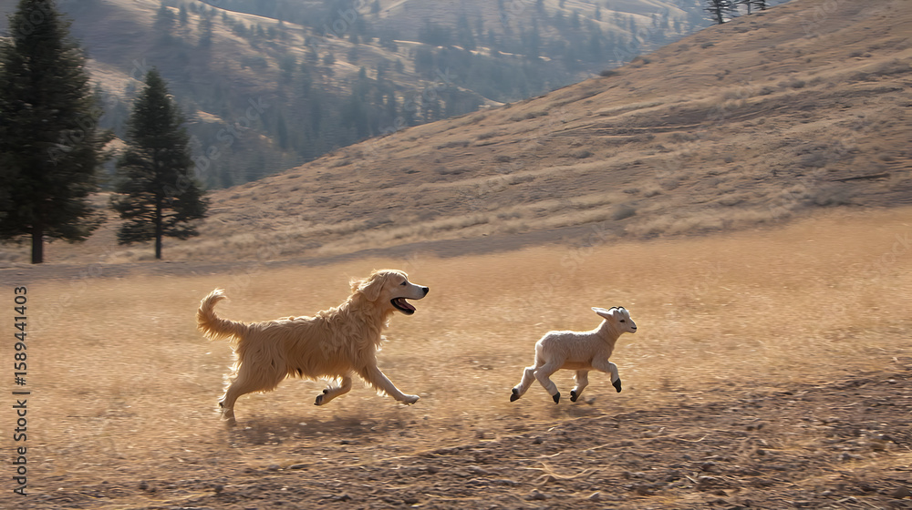Naklejka premium Golden retriever puppy and lamb running in a field