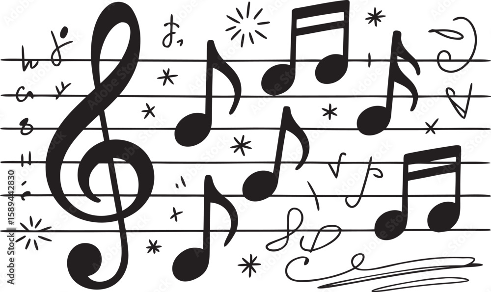 Fototapeta premium Whimsical Hand Drawn Music Notes and Symbols Collection on White Background treble clef bass clef