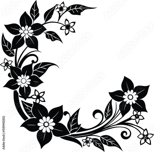 Floral scroll corner silhouette with jasmine blooms vector silhouette