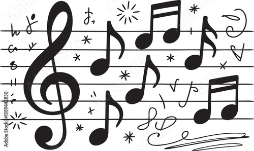 Whimsical Hand Drawn Music Notes and Symbols Collection on White Background treble clef bass clef