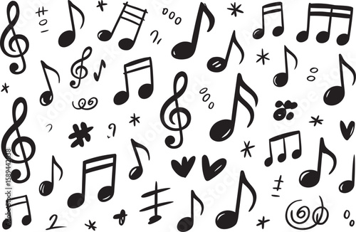 Whimsical Hand Drawn Music Notes and Symbols on Transparent Background treble clef bass clef