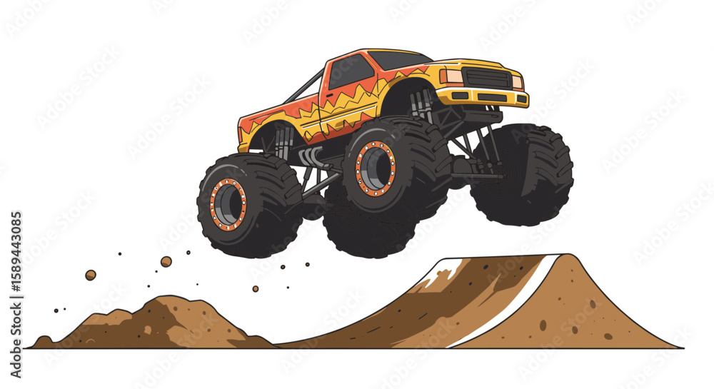 Colorful monster truck jumping over a ramp, dynamic illustration, automotive concept