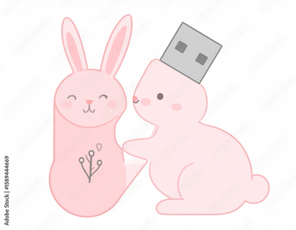 Fototapeta premium Pink Bunny USB Drive Illustration on White Background Digital School Tool in Pastel Style