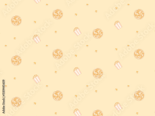 Caramel Popcorn Bowls and Buckets Seamless Pattern on Cream Background, popcorn background illustration