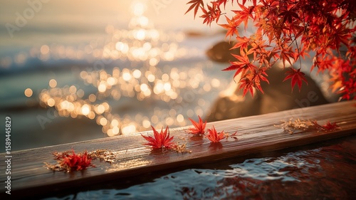 秋の紅葉が美しい温泉の露天風呂