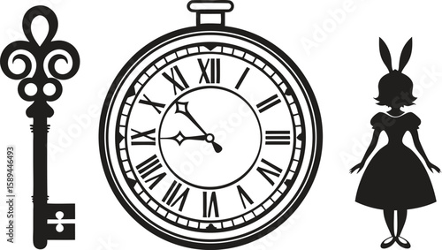 Black silhouette of a key pocket watch and girl with bunny ears