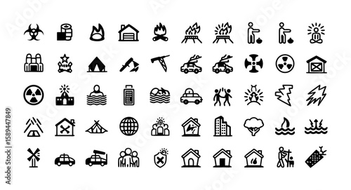 War Consequences Line Icon Set – Thin Linear Vector Pictograms of Destruction, Displacement, Humanitarian Crises, Refugee Camp, Mass Migration, Power Outage, Graveyard, and Orphaned Child