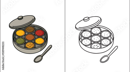 Traditional Indian Masala Dabba Vector – Circular Spice Box with Colorful Spices