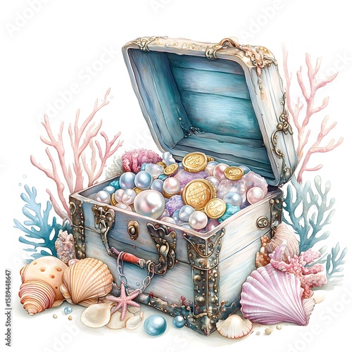 Underwater Treasures Clipart Set – Anchors, Pearls, Shells, Goldfish, Crowns, Coral, Helm, Treasure Chests – Watercolor Style