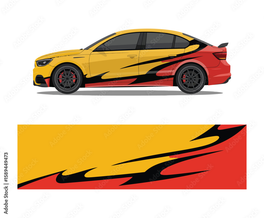 Naklejka premium Car wrap and decal sticker design with modern abstract wave elements, ideal for drift racing, vehicle customization, and high-performance automotive branding templates