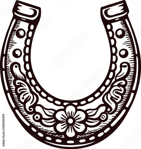 Decorative vintage horseshoe with floral engraving and ornamental detailing in hand drawn