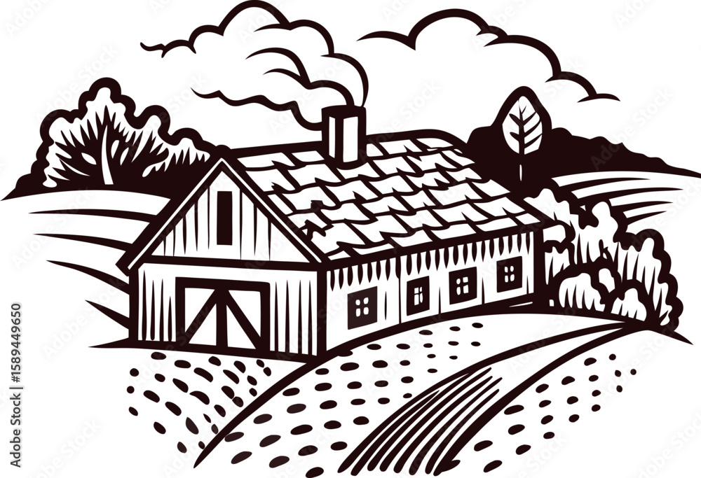 Fototapeta premium Rustic countryside barn with smoking chimney and landscape fields in vintage engraved sketch