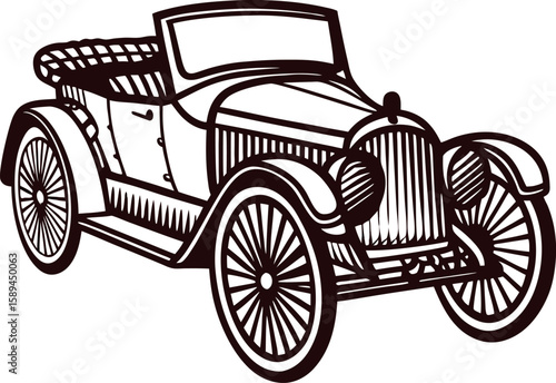 Classic vintage convertible car illustration with detailed wheels and open top in retro engraved