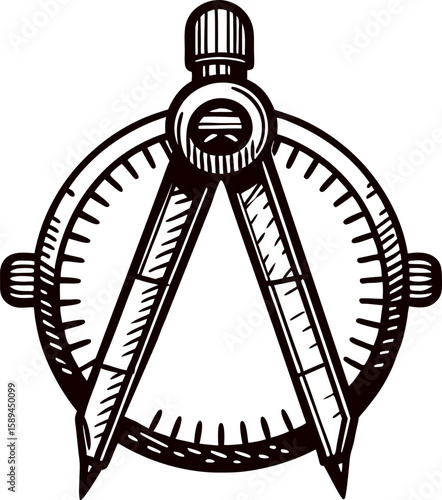 Hand drawn geometric compass tool with measurement scale, vintage engraving, retro technical drawing instrument illustration