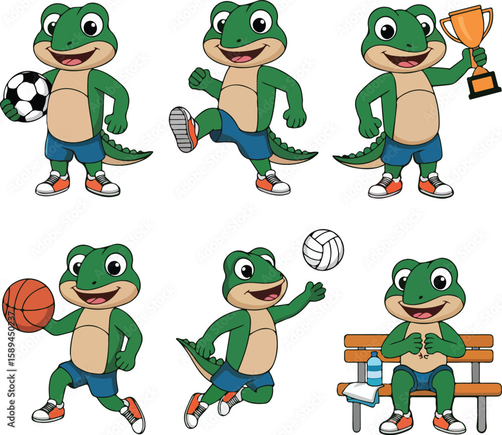 Fototapeta premium Active cartoon alligators playing various sports and celebrating victory, perfect for athletic themes.