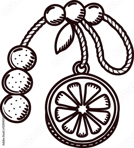 Hand drawn citrus fruit slice with rope and berries, vintage botanical line art isolated on white