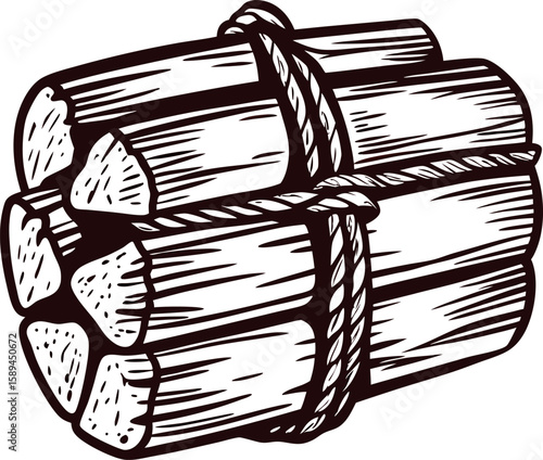 Hand drawn bundle of firewood logs tied with rope vintage engraved rustic wood illustration