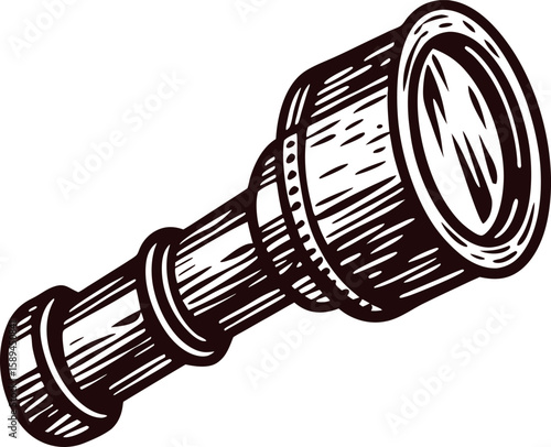 Vintage engraved illustration of a handheld brass telescope isolated on white background